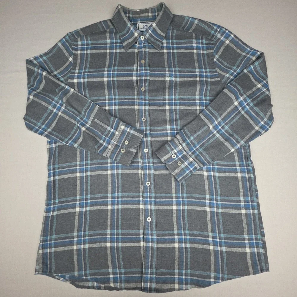 Southern Tide Classic Fit Hemp Blend Plaid Button Down Shirt Mens L Gray Blue